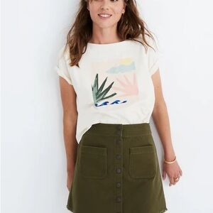 Madewell Raw-Hem A-Line Mini Skirt Womens 0 Stretch Kale Green Button Snap Front